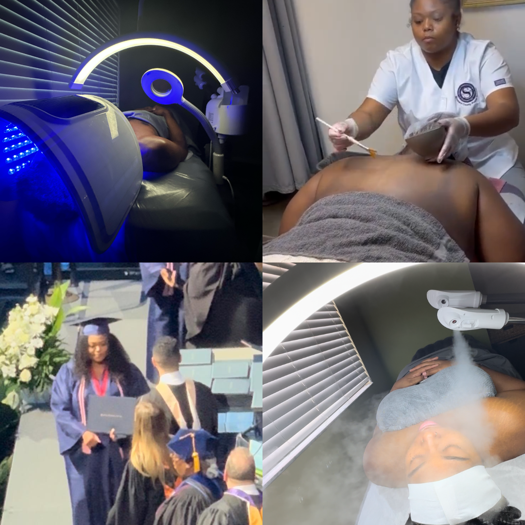 Liyah graduating from esthetics school and performing facial and waxing treatments